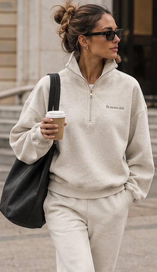 Oat milk quarter zip and joggers on the morning walk